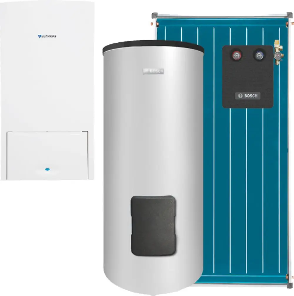 Gasheizungsanlage mit einem weißen Heizgerät oben links, einem silbernen Warmwasserspeicher in der Mitte und einem blauen Wandmodul rechts, alle mit Bosch-Logos.